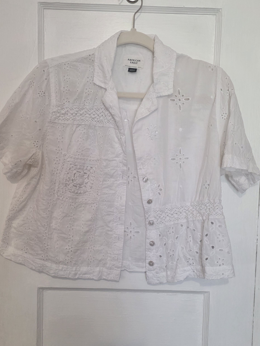 American Eagle Outfitters White Eyelet Crochet Button-Down Shirt